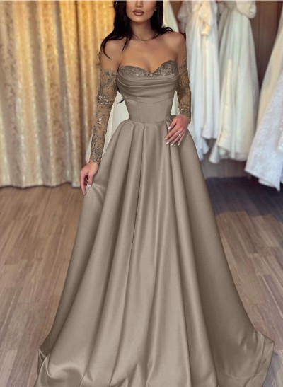 Lace Long Sleeves Sweetheart A-Line Evening Dresses With Satin