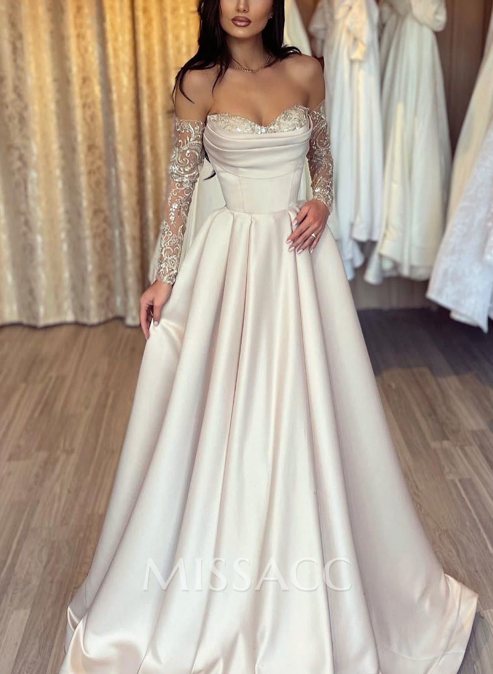 Lace Long Sleeves Sweetheart A-Line Evening Dresses With Satin Lace Long Sleeves Sweetheart A-Line Evening Dresses With Satin