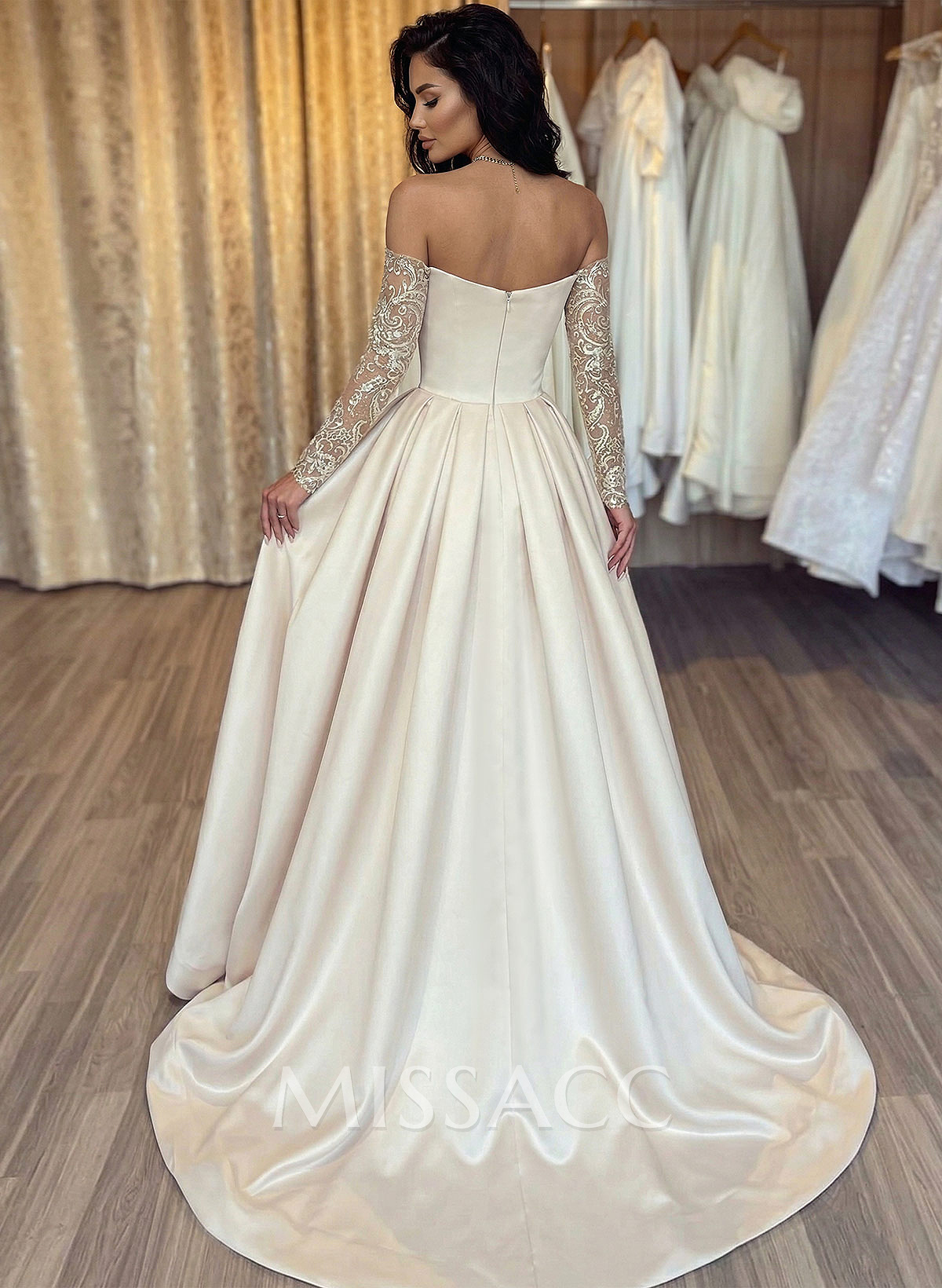 Lace Long Sleeves Sweetheart A-Line Evening Dresses With Satin Lace Long Sleeves Sweetheart A-Line Evening Dresses With Satin