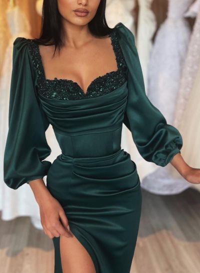 Long Sleeves Sparkly Silk Like Satin Evening Dresses With Slit