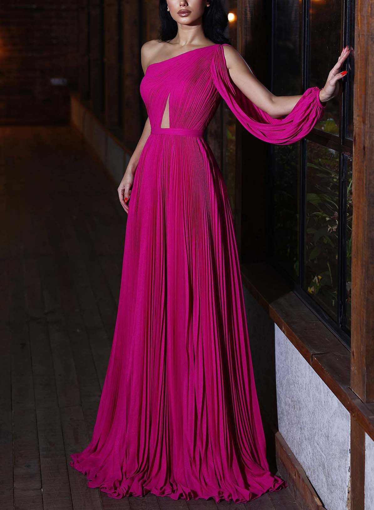One-Shoulder Long Sleeves Pleated Evening Dresses