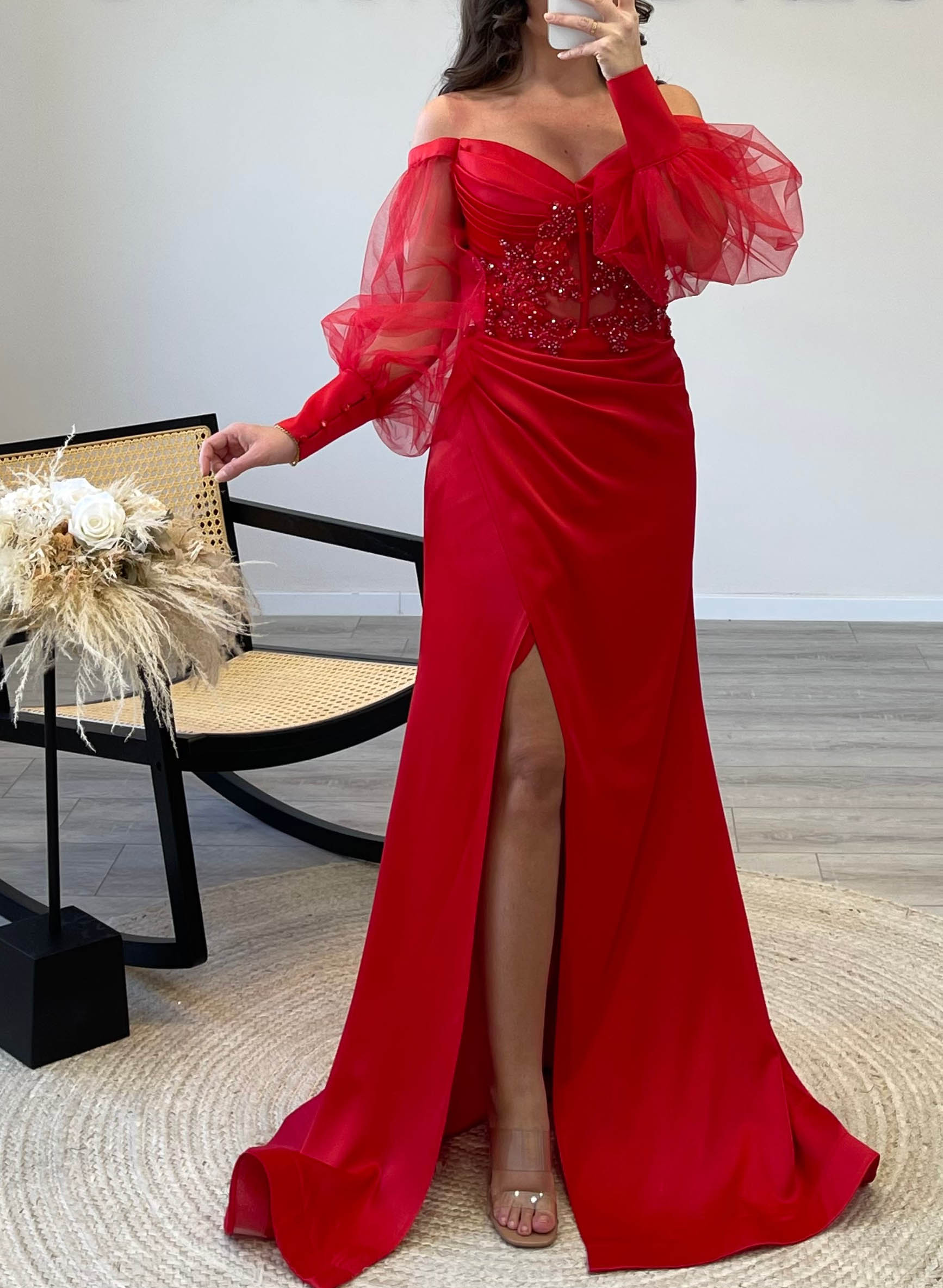 Off-The-Shoulder Long Sleeves Lace Evening Dresses