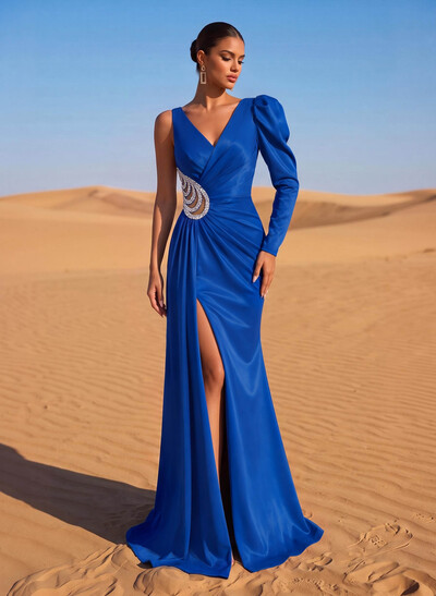 Sheath/Column V-Neck Long Sleeve Shirts Sweep Train Charmeuse Evening Dresses With Beading