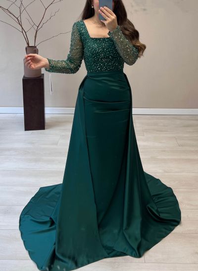 Sequined Square Neckline Long Sleeves Prom Dresses