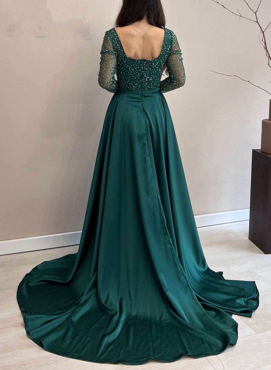 Sequined Square Neckline Long Sleeves Prom Dresses
