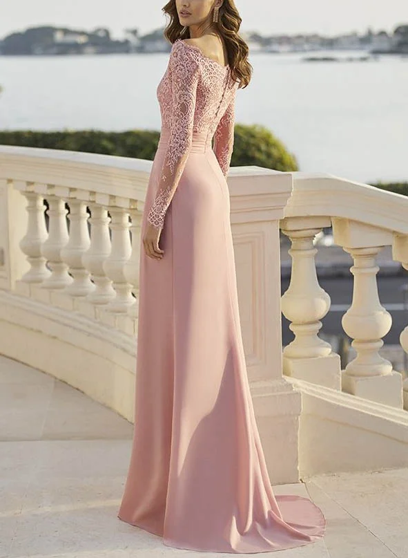 long sleeve lace evening dress Sleeves Pink Long Prom Dress, Pink Lace Formal Dress, Pink A1324 evening occasions Missacc Evening Dresses Lace Elegant