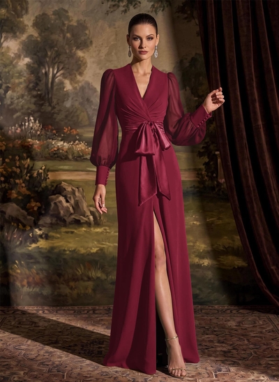 V-Neck Long Sleeves Simple Evening Dresses