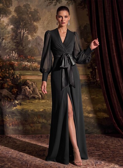 V-Neck Long Sleeves Simple Evening Dresses