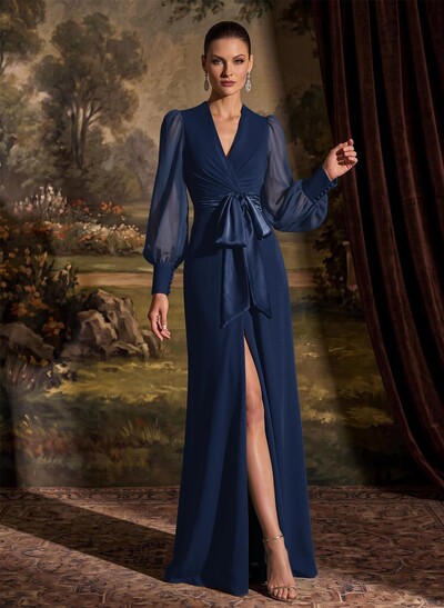 V-Neck Long Sleeves Simple Evening Dresses