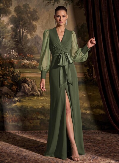V-Neck Long Sleeves Simple Evening Dresses