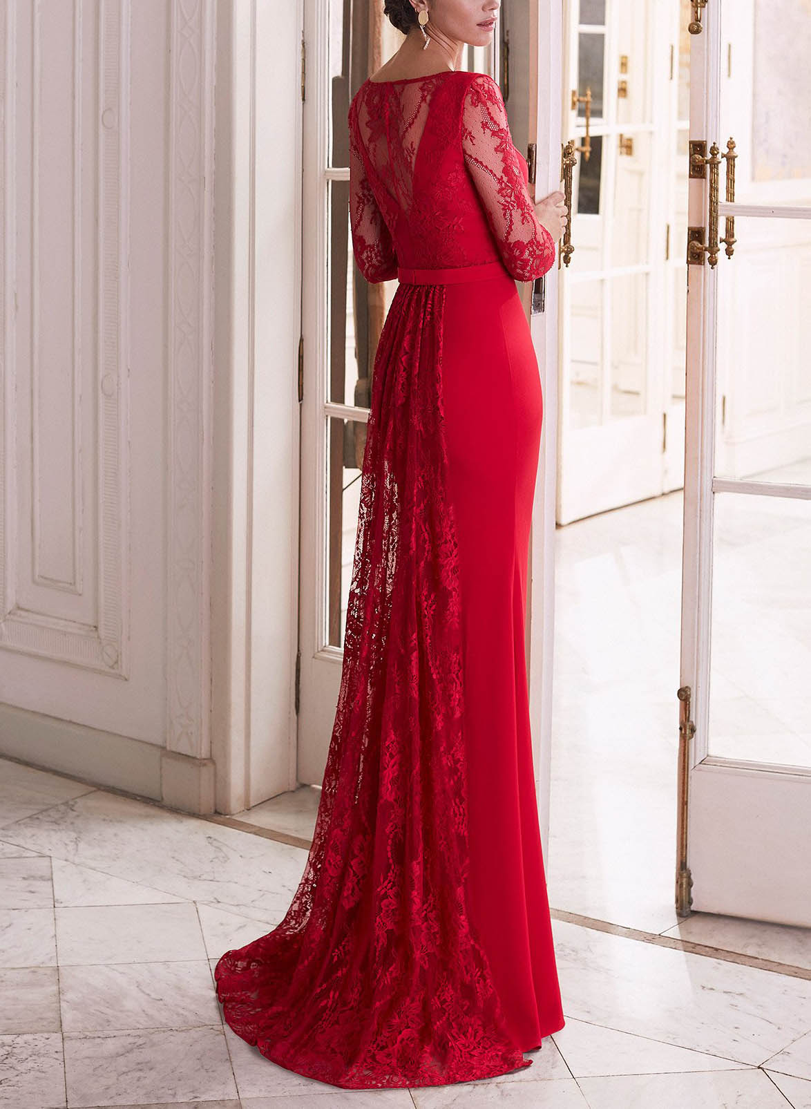 Elegant Lace Long Sleeves Elastic Satin Evening Dresses