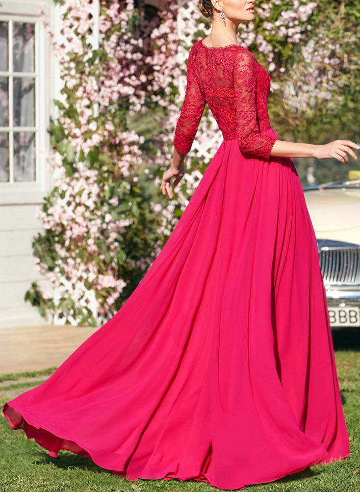 V-Neck A-Line Lace Sleeves Evening Dresses