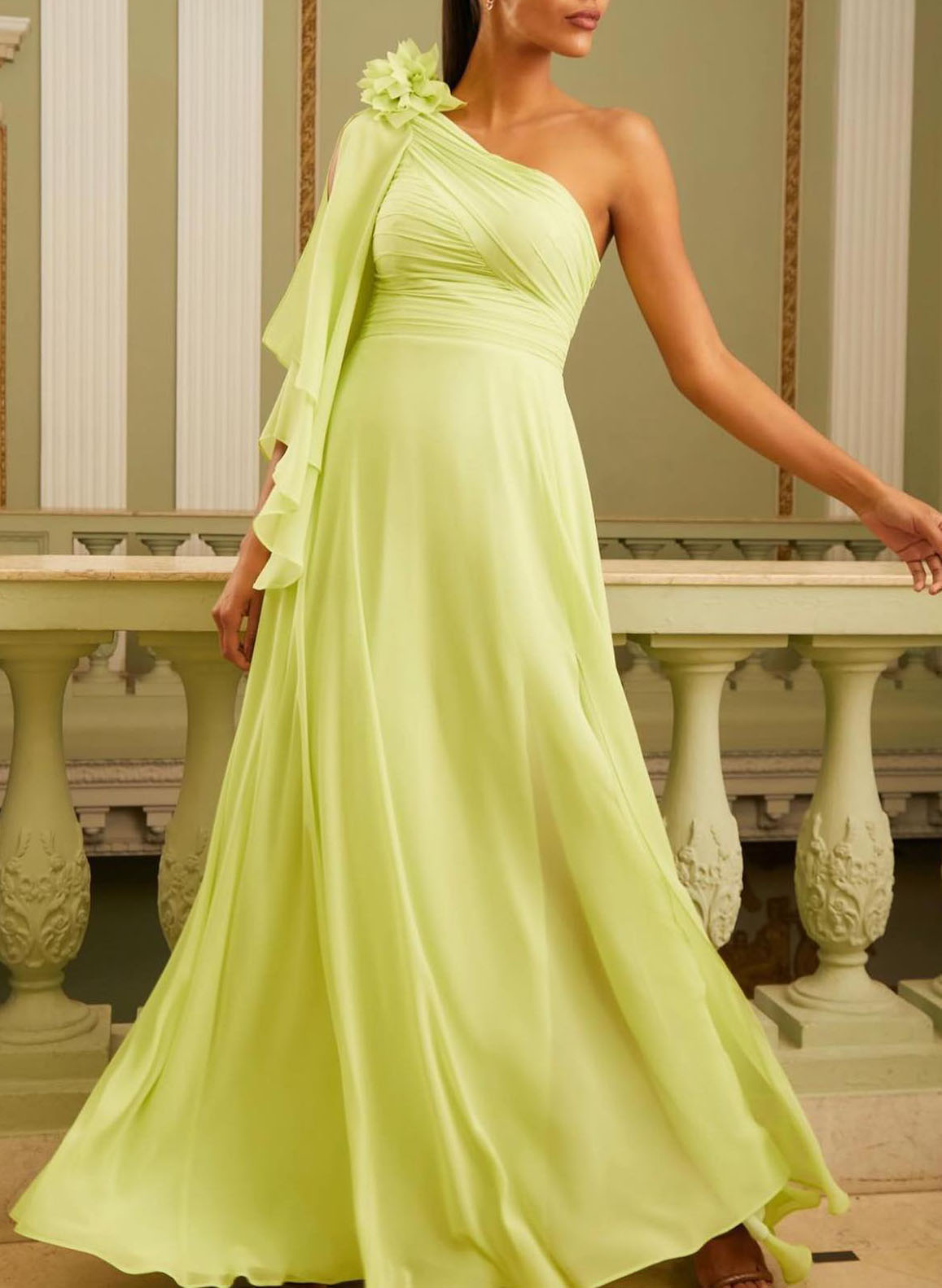 One-Shoulder Pleated Chiffon A-Line Evening Dresses With Flower