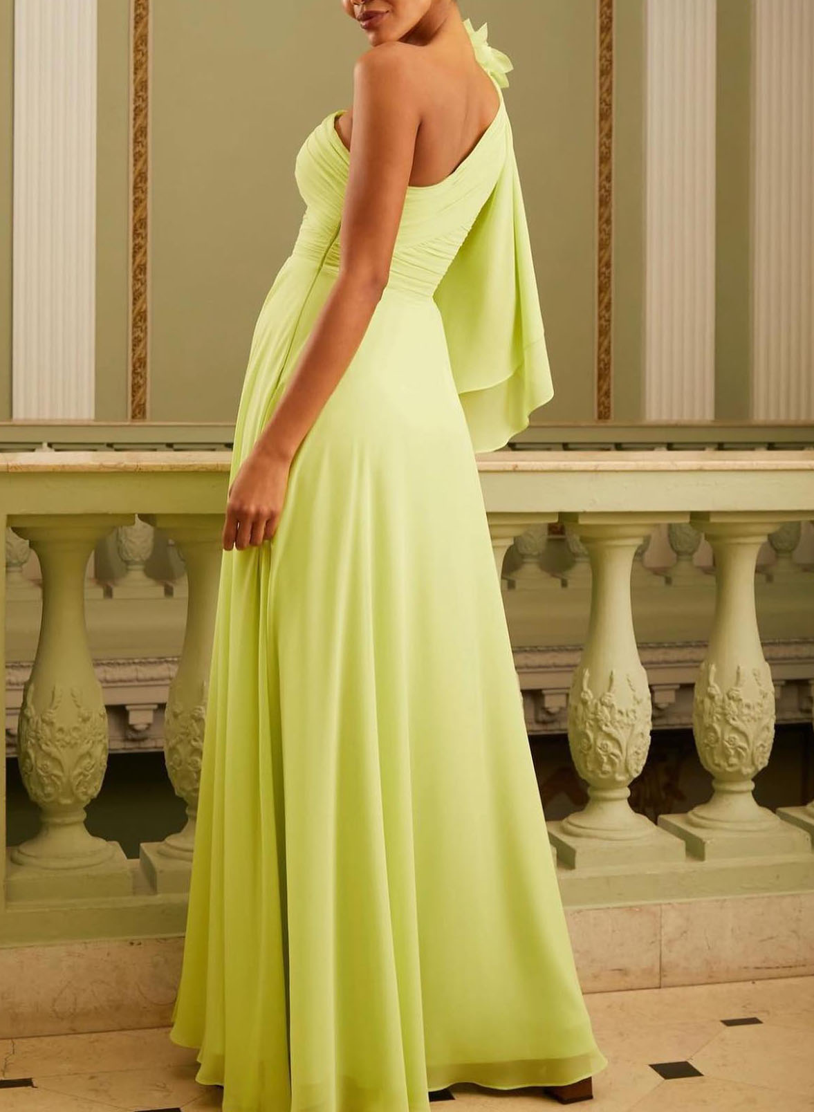 One-Shoulder Pleated Chiffon A-Line Evening Dresses With Flower