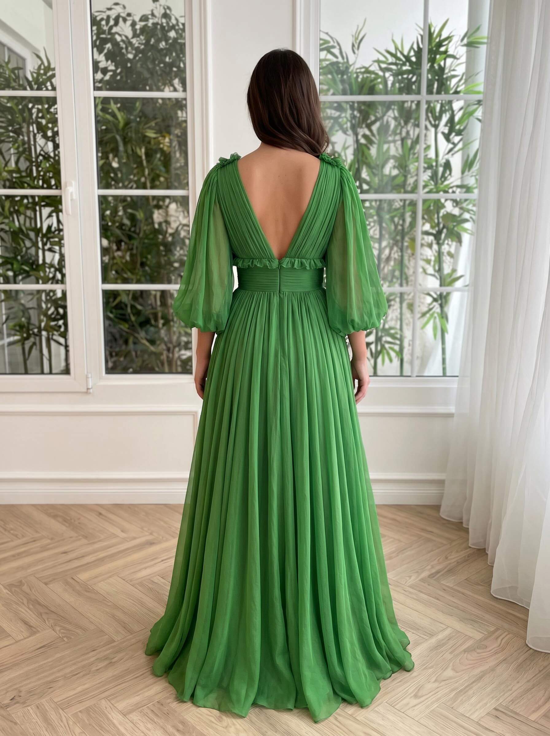 Romantic V-Neck Long Sleeves Princess Evening Dresses