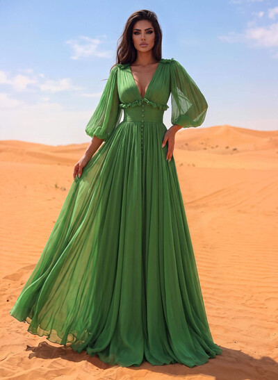 A-Line V-Neck Long Sleeves Floor-Length Whisper Chiffon Evening Dresses With Ruffle