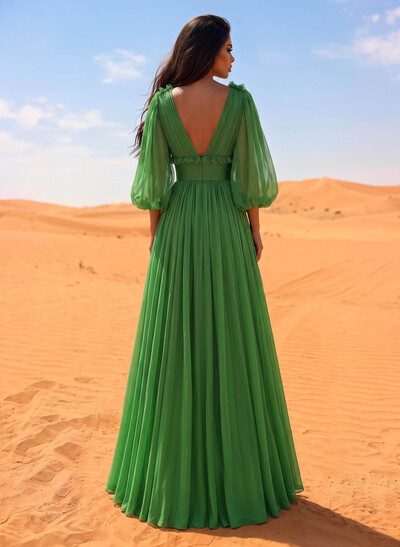 A-Line V-Neck Long Sleeves Floor-Length Whisper Chiffon Evening Dresses With Ruffle