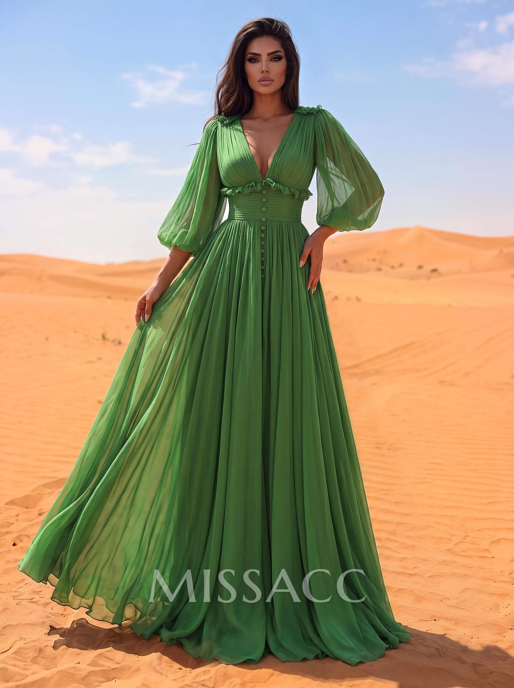 A-Line V-Neck Long Sleeves Floor-Length Whisper Chiffon Evening Dresses With Ruffle
