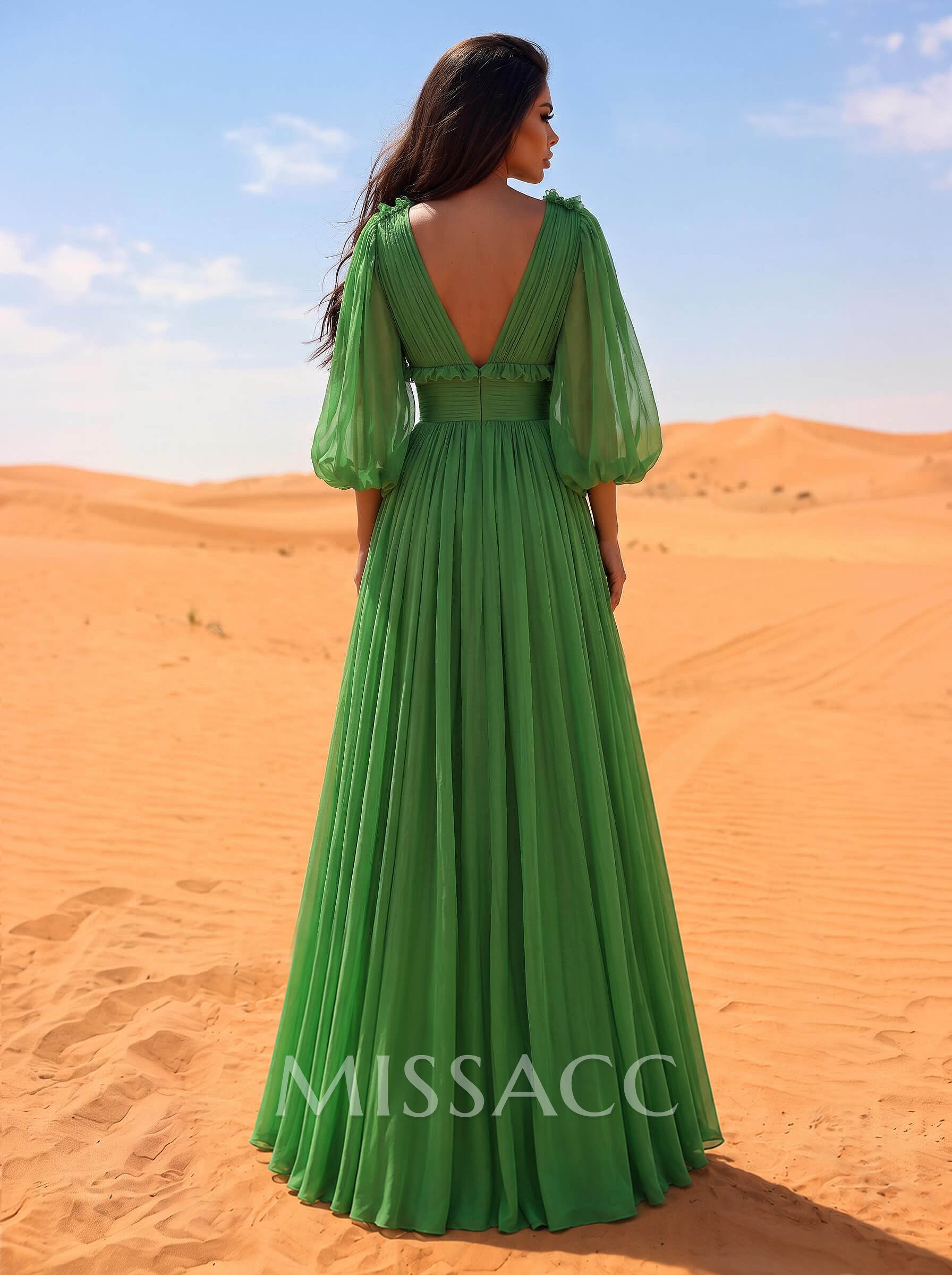 A-Line V-Neck Long Sleeves Floor-Length Whisper Chiffon Evening Dresses With Ruffle