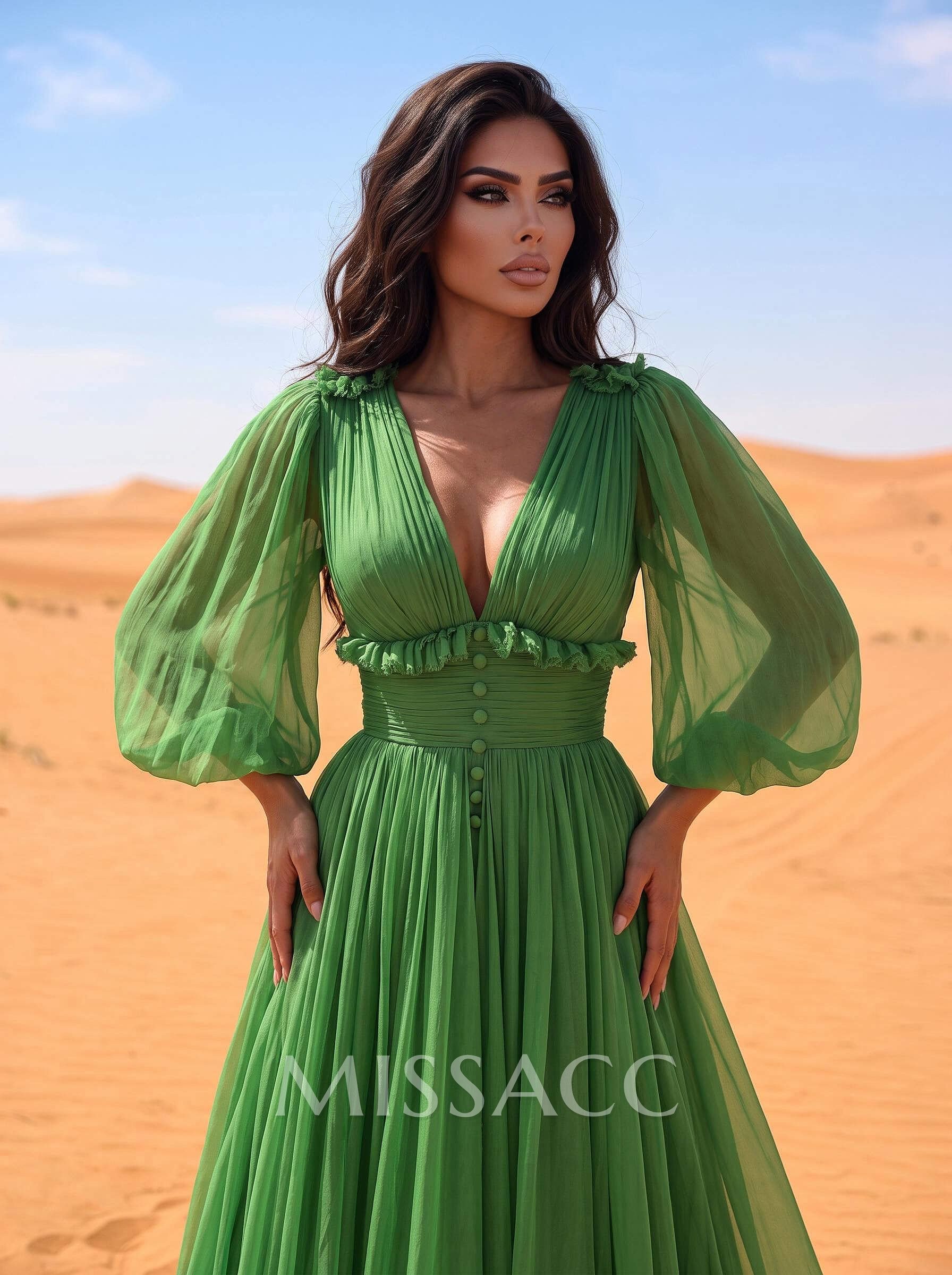 A-Line V-Neck Long Sleeves Floor-Length Whisper Chiffon Evening Dresses With Ruffle