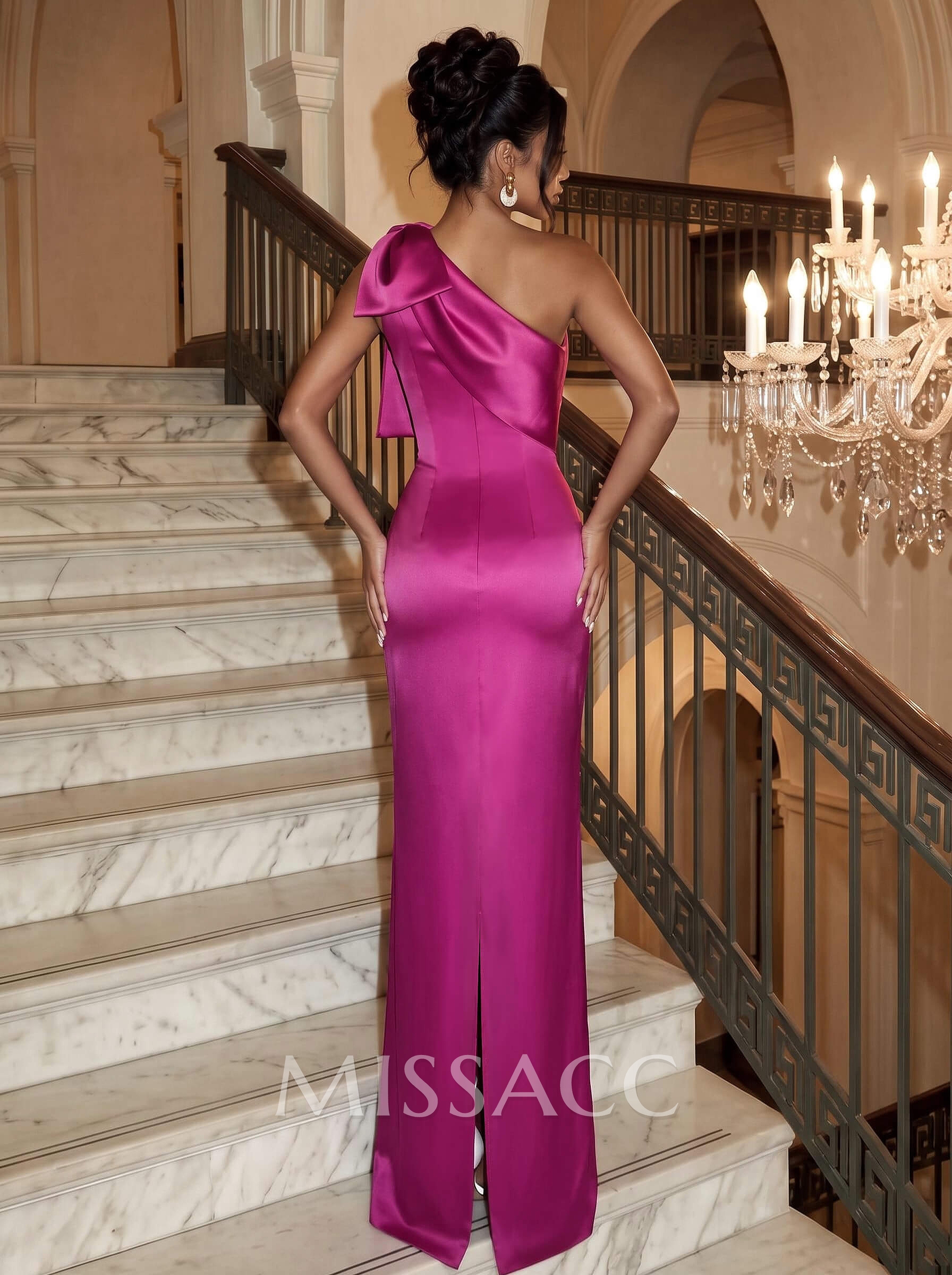 Sheath/Column One-Shoulder Satin Evening Dresses With Bow(s)
