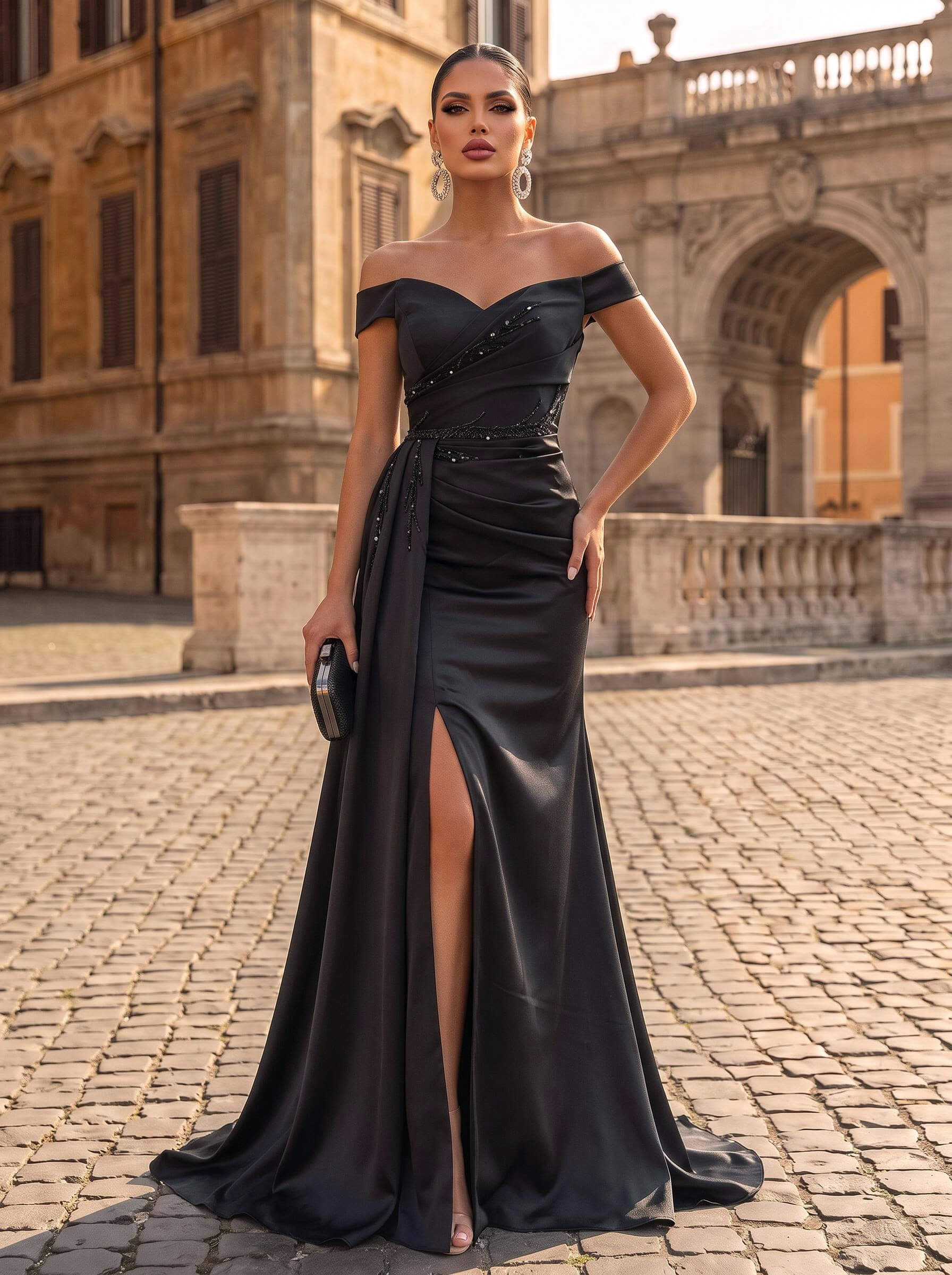 Fitted Bardot Sleeveless Charmeuse Evening Dress with Sweep Train and Front Split