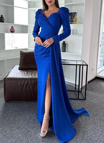 Sheath Long Sleeves Sweep Train Elastic Satin Evening Dresses With Split Front