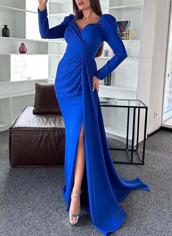 Sheath Long Sleeves Sweep Train Elastic Satin Evening Dresses With Split Front