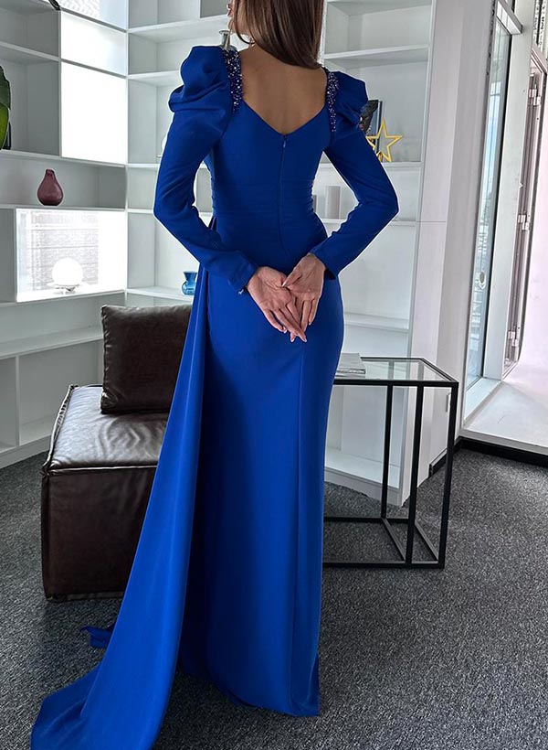 Sheath Long Sleeves Sweep Train Elastic Satin Evening Dresses With Split Front