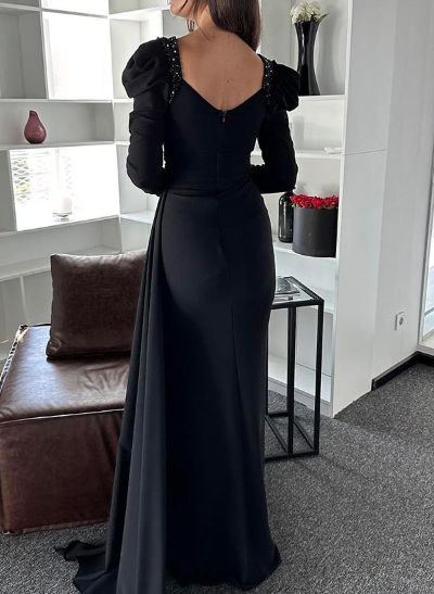 Sheath Long Sleeves Sweep Train Elastic Satin Evening Dresses With Split Front