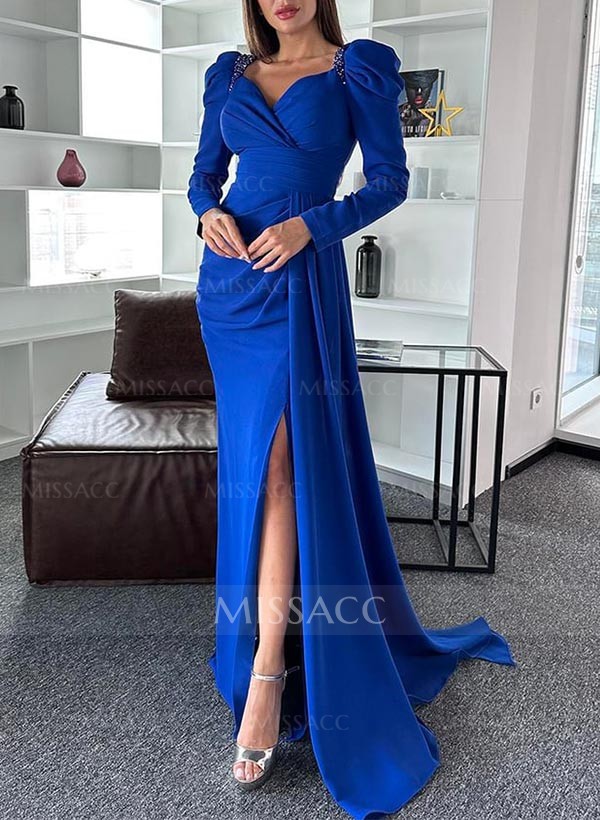 Sheath Long Sleeves Sweep Train Elastic Satin Evening Dresses With Split Front