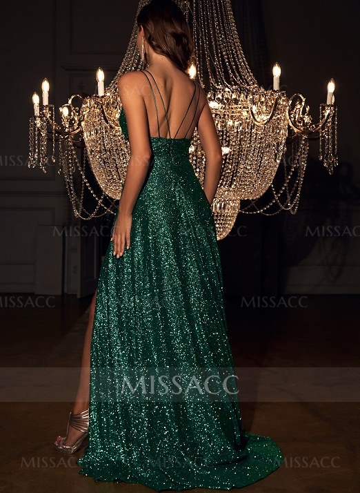 Sexy Sequined A-Line Open Back Evening Dresses With High Slit