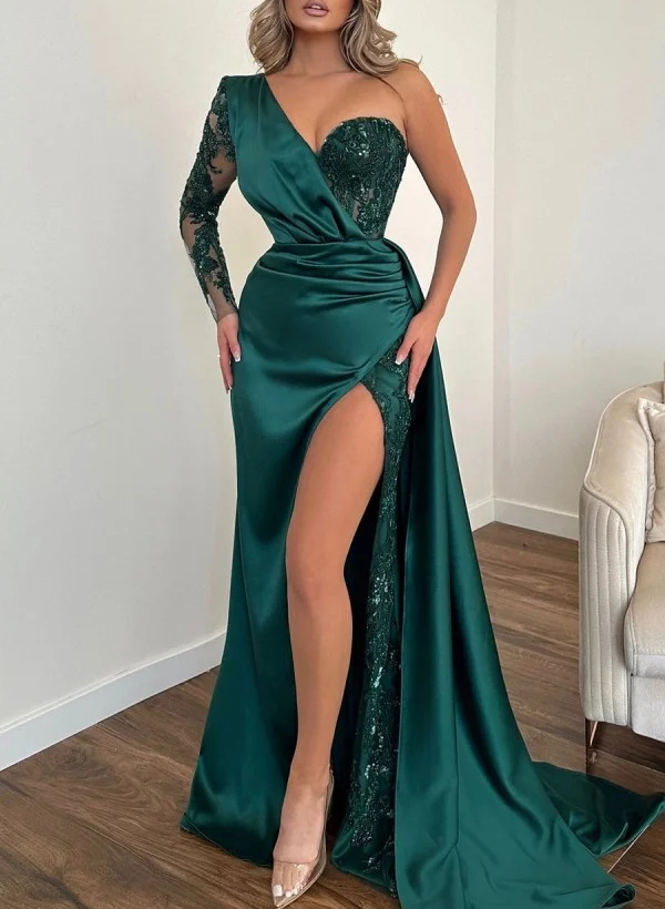 One-Shoulder Long Sleeves Lace Satin Prom Dresses