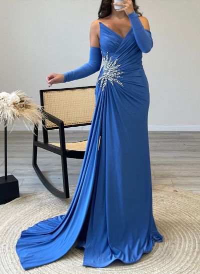Strapless Beading Backless Prom Dresses With Detachable Sleeves