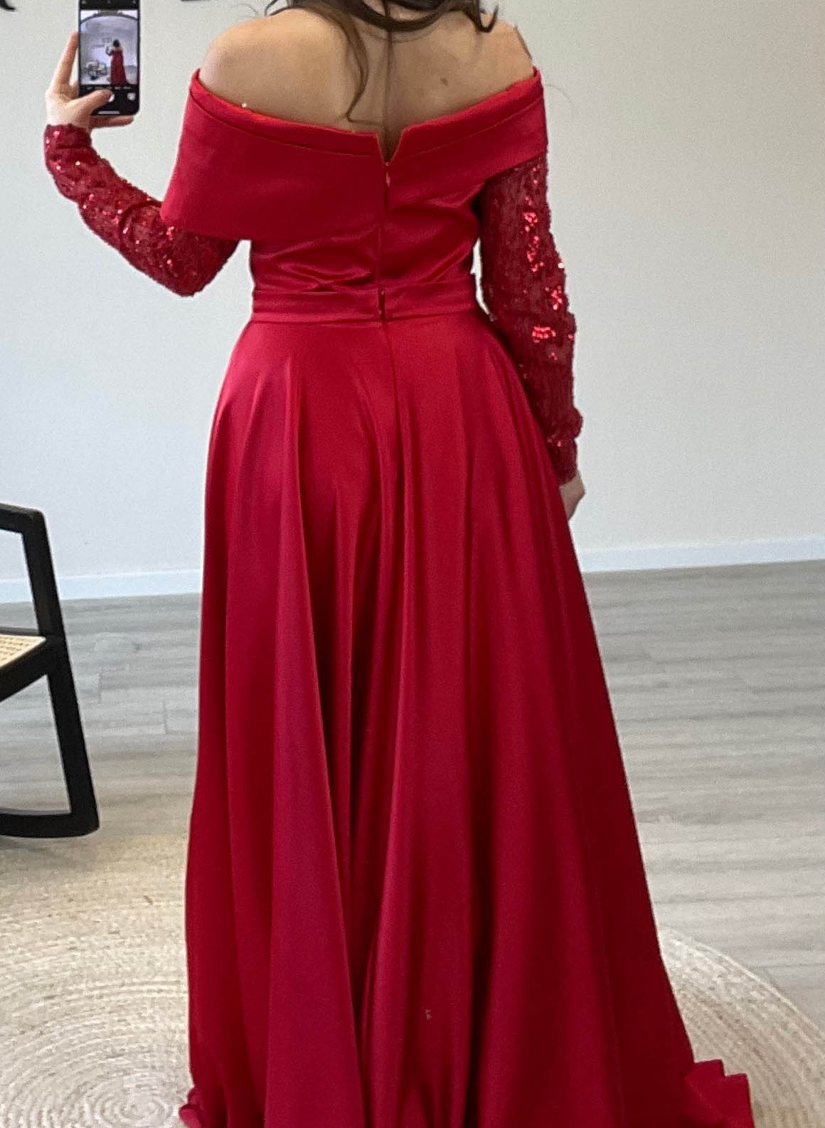 Off-The-Shoulder Sequined Long Sleeves Satin Prom Dresses