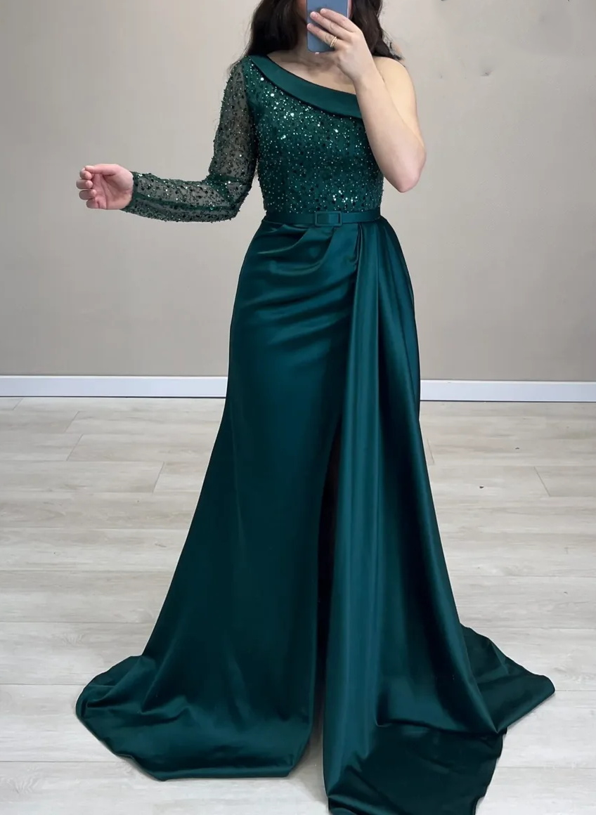 One-Shoulder Long Sleeves Sequined Elegant Evening Dresses