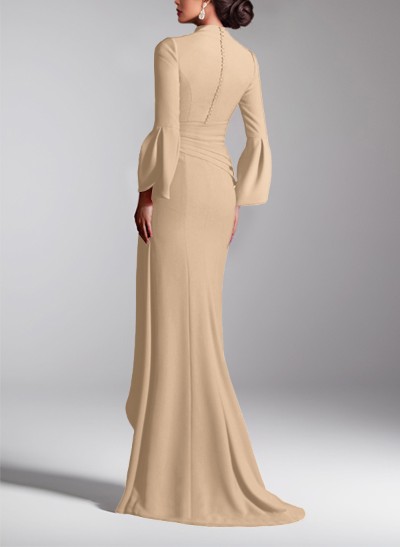 Flattering Plunge Neck Bell Sleeves Cascadin Ruffled Waist Elastic Satin Mother Of The Bride Dresses