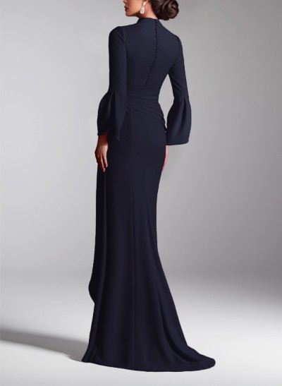 Sheath/Column V-Neck Long Sleeves Elastic Satin Evening Dresses