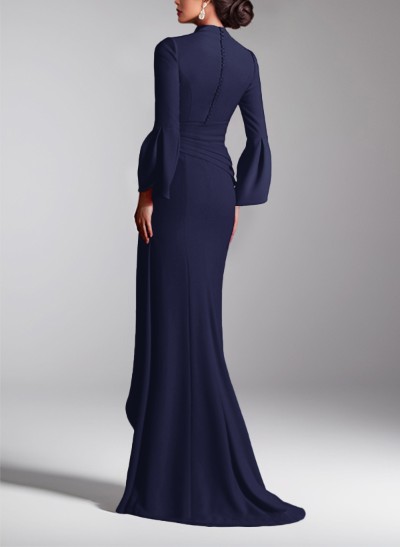 Flattering Plunge Neck Bell Sleeves Cascadin Ruffled Waist Elastic Satin Mother Of The Bride Dresses