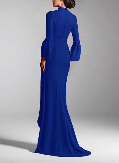 Flattering Plunge Neck Bell Sleeves Cascadin Ruffled Waist Elastic Satin Mother Of The Bride Dresses