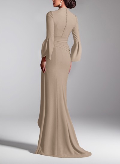 Flattering Plunge Neck Bell Sleeves Cascadin Ruffled Waist Elastic Satin Mother Of The Bride Dresses