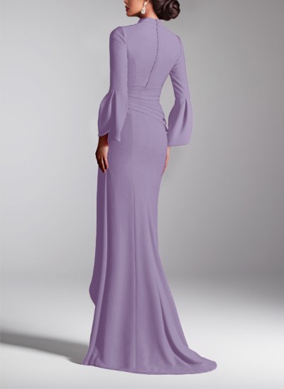Sheath/Column V-Neck Long Sleeves Elastic Satin Evening Dresses
