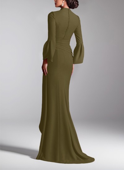 Flattering Plunge Neck Bell Sleeves Cascadin Ruffled Waist Elastic Satin Mother Of The Bride Dresses