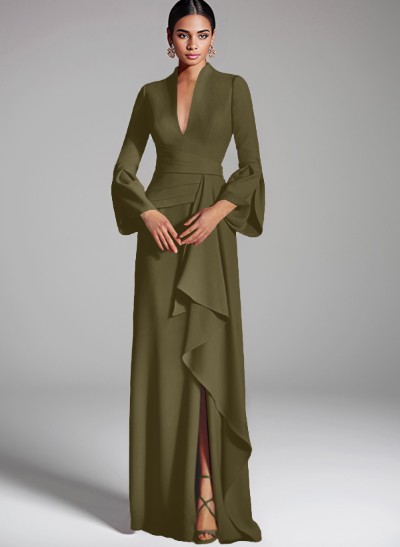 Flattering Plunge Neck Bell Sleeves Cascadin Ruffled Waist Elastic Satin Mother Of The Bride Dresses