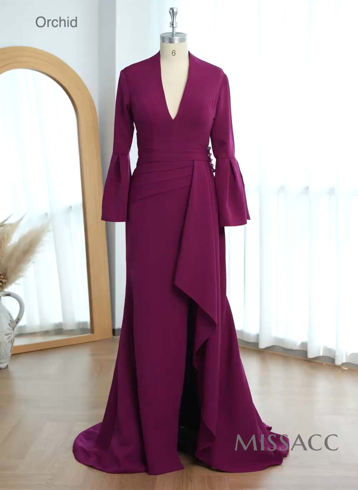 Flattering Plunge Neck Bell Sleeves Cascadin Ruffled Waist Elastic Satin Mother Of The Bride Dresses