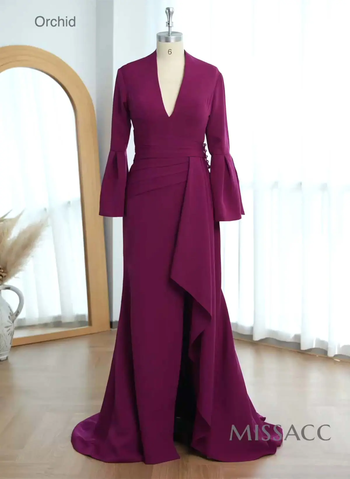 Flattering Plunge Neck Bell Sleeves Cascadin Ruffled Waist Elastic Satin Mother Of The Bride Dresses