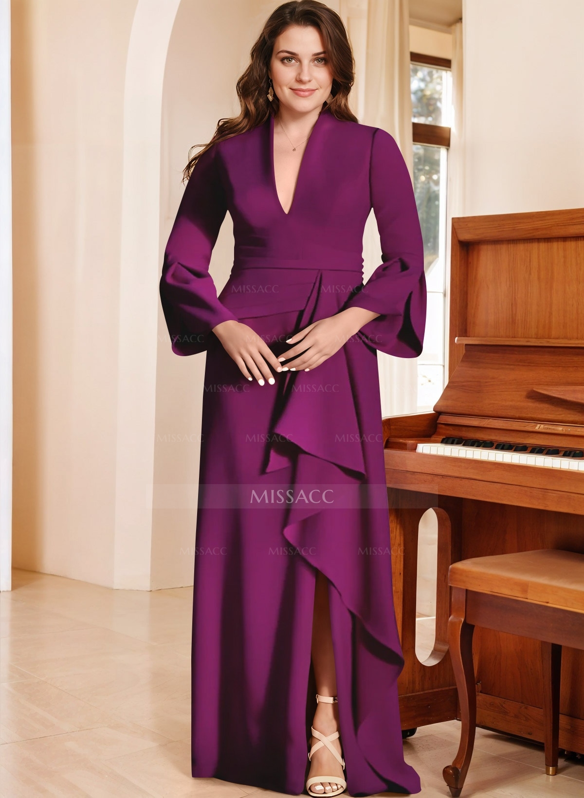 Flattering Plunge Neck Bell Sleeves Cascadin Ruffled Waist Elastic Satin Mother Of The Bride Dresses