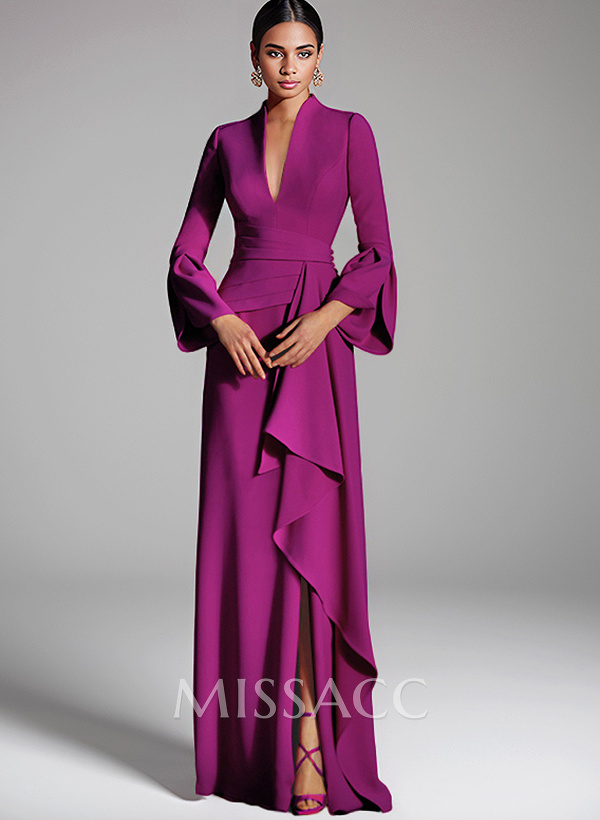 Flattering Plunge Neck Bell Sleeves Cascadin Ruffled Waist Elastic Satin Mother Of The Bride Dresses Flattering Plunge Neck Bell Sleeves Cascadin Ruffled Waist Elastic Satin Mother Of The Bride Dresses