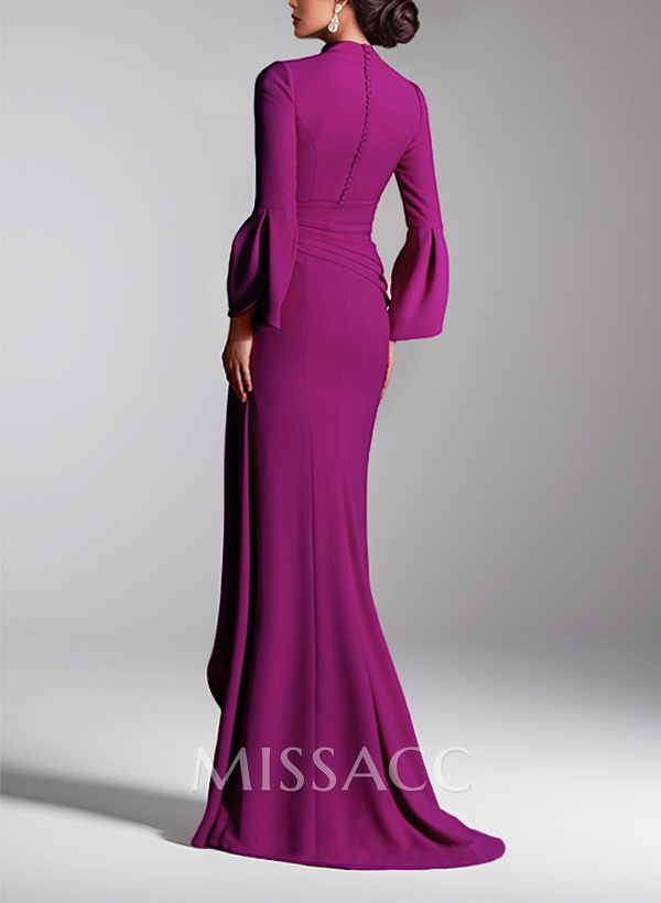 Flattering Plunge Neck Bell Sleeves Cascadin Ruffled Waist Elastic Satin Mother Of The Bride Dresses Flattering Plunge Neck Bell Sleeves Cascadin Ruffled Waist Elastic Satin Mother Of The Bride Dresses