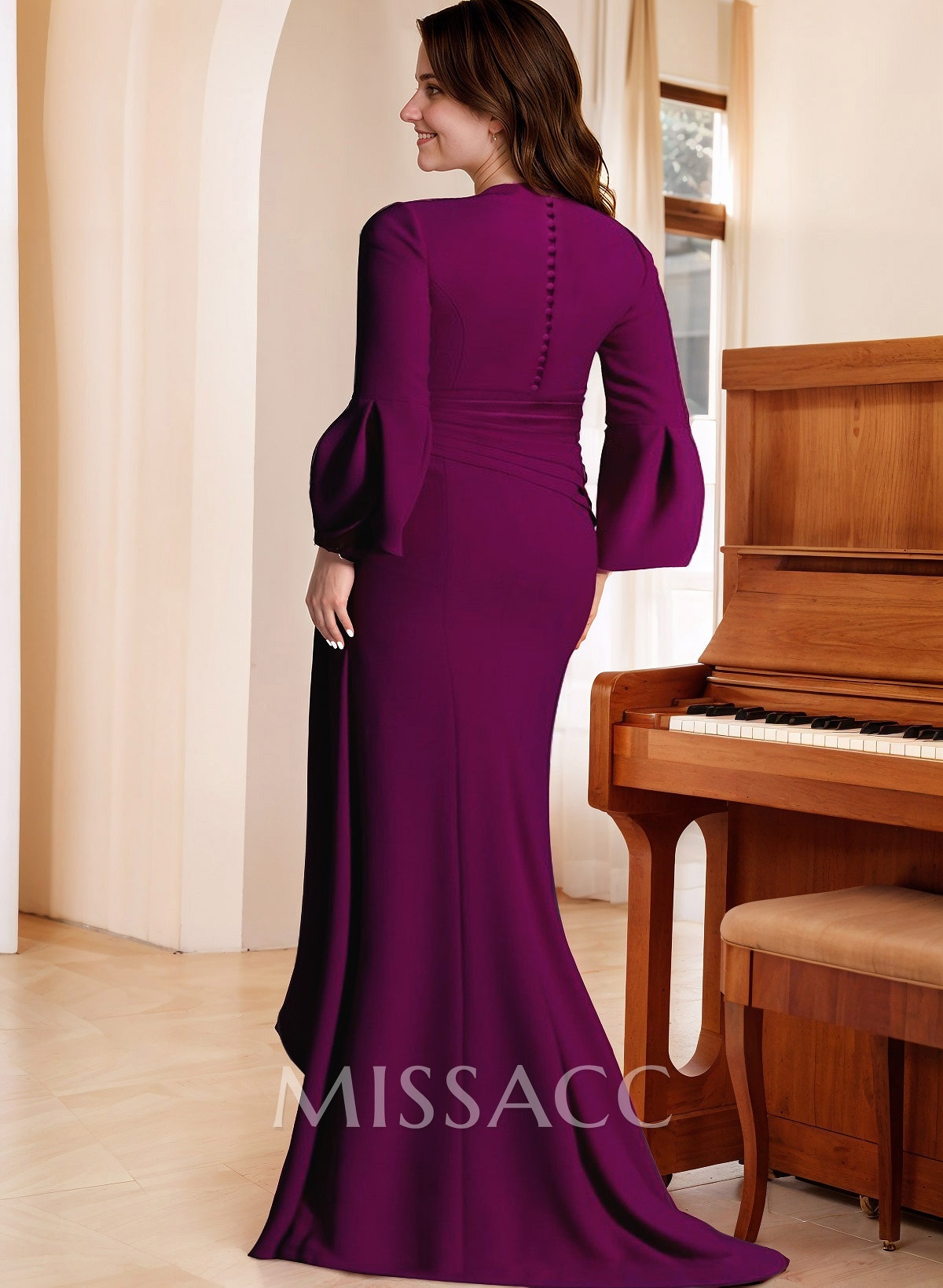 Flattering Plunge Neck Bell Sleeves Cascadin Ruffled Waist Elastic Satin Mother Of The Bride Dresses Flattering Plunge Neck Bell Sleeves Cascadin Ruffled Waist Elastic Satin Mother Of The Bride Dresses